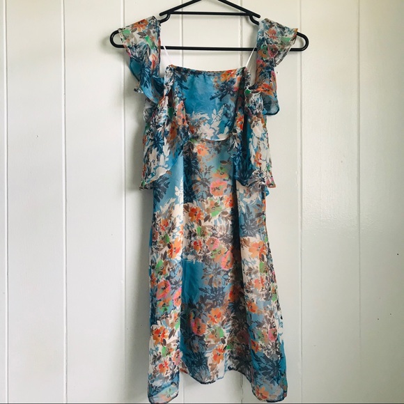 NWT Lavender Brown • Sky Blue Floral Silk Dress - Picture 2 of 16